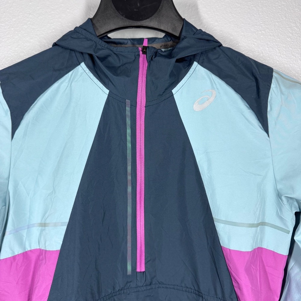 Asics Women S Half Zip Hooded Packable Reflective Windbreaker Blue Pink 2012B906 - Picture 6 of 11